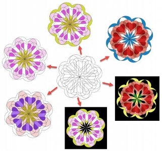 kaleidoscope of hearts design colored in different ways to make many different quilting blocks