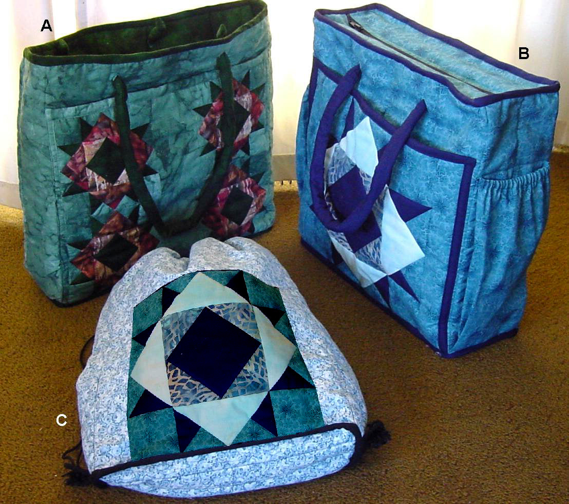 quilt pattern for three tote bags include zipped closure and backpack