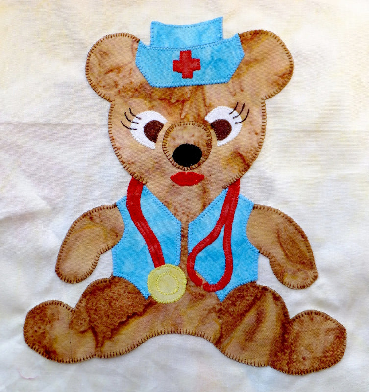 teddy bear dressed as a nurse block - applique pattern from pattern I Love Teddy quilt