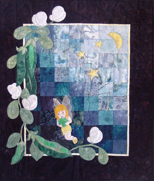 colorwash patchwork background with applique pea vine and fairy quilt pattern