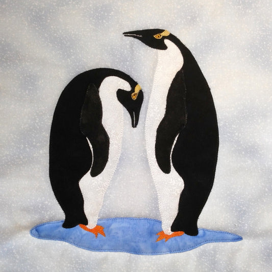 applique penguin quilt block with two penguins