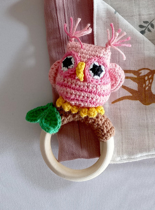 Crocheted Owl Ring Rattle