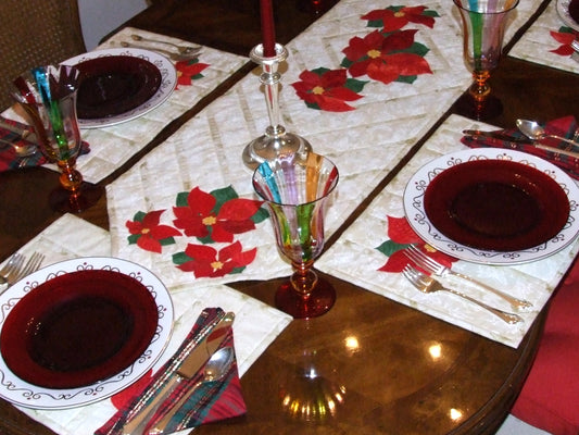 applique poinsettia table setting collection - quilt pattern available made and designed by Ruth Blanchet