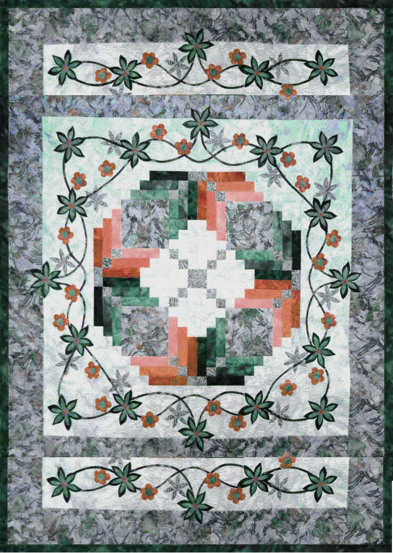 A rectangular quilt with wreath of patchwork and applique using popular Hoffman fabrics