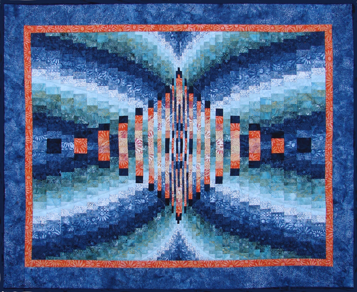 a modern bargello quilt using two color runs interwining and creating a reflection
