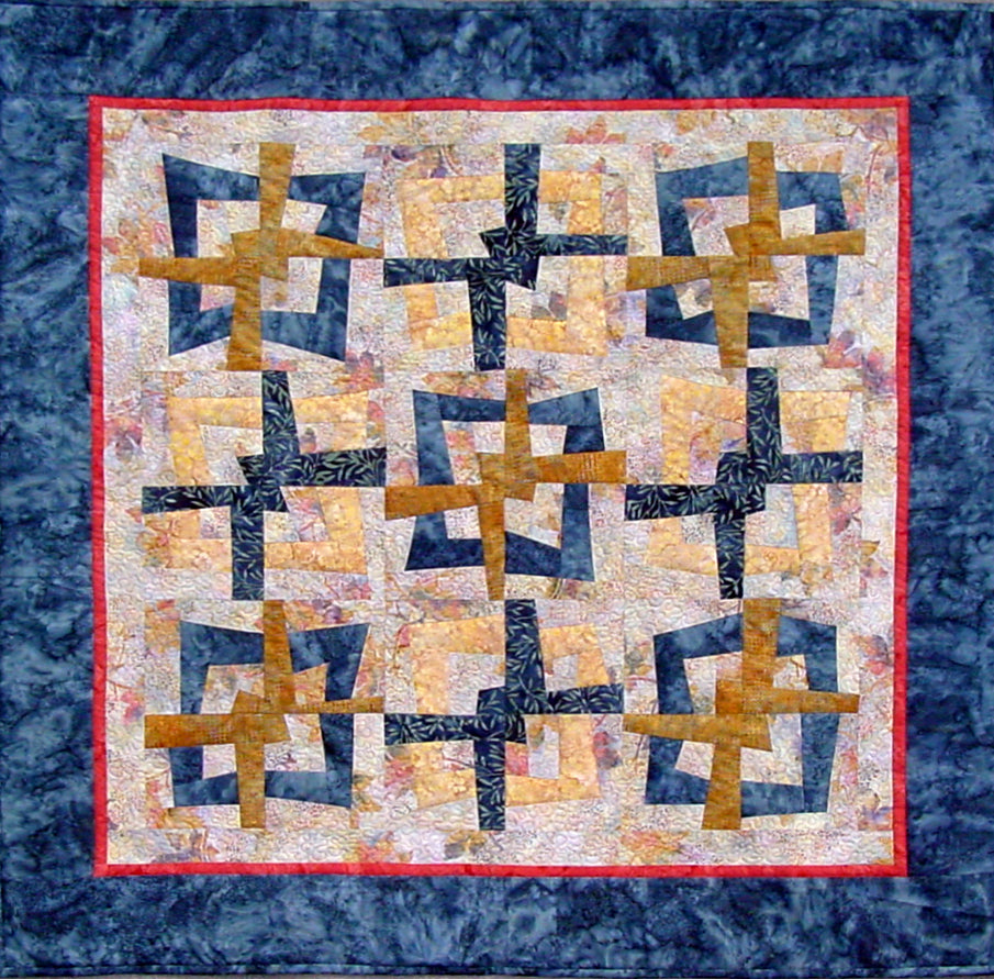 patchwork quilt pattern to resemble ribbons, includes modern piecing techniques, a variation of log cabin block