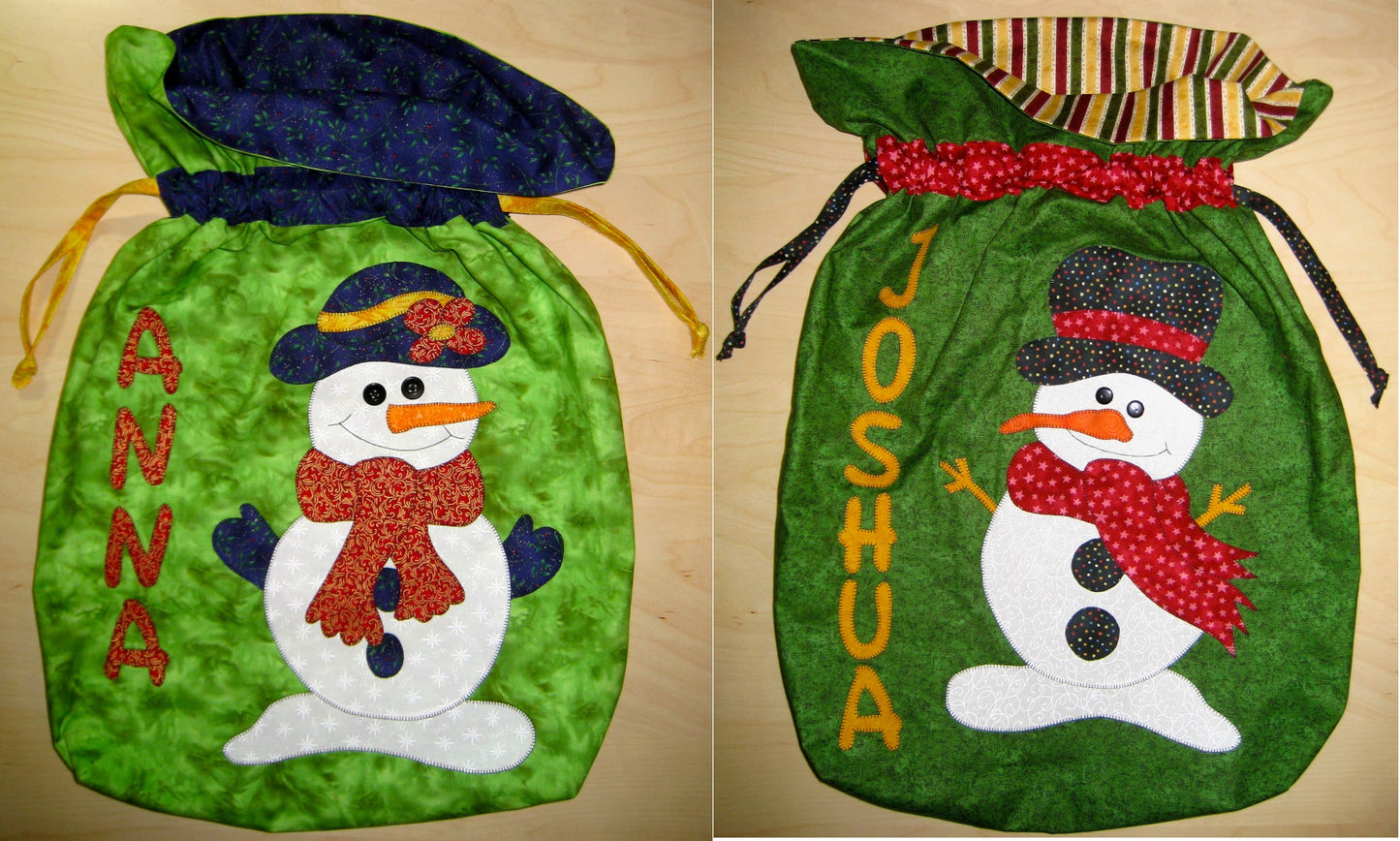 Patterns for two adorable Christmas Sacks - snowman and snowwoman