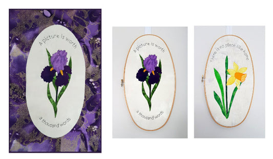 simple iris applique design with oval border and in hoop frame and daffodil in hoop frame - applique pattern available