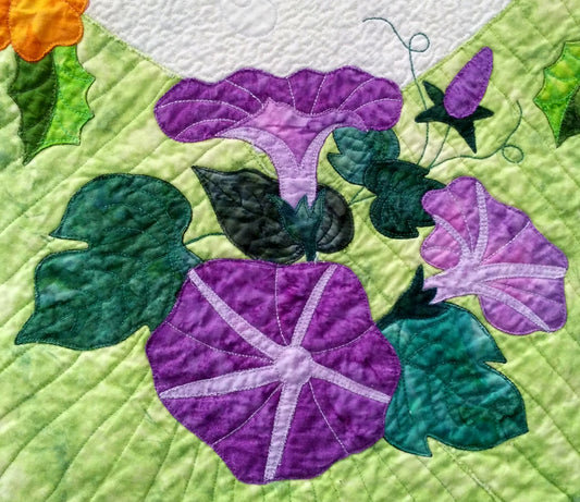 applique morning glory block for border corner in Ruth Blanchet's Spring Life quilt block of the month pattern