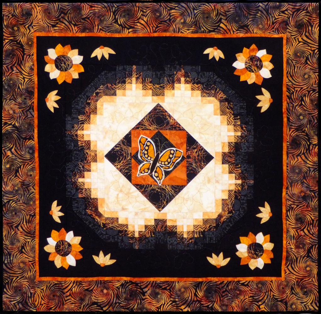 quilt pattern ideal for bed quilt or table covering. Uses basic bargello and applique techniques.