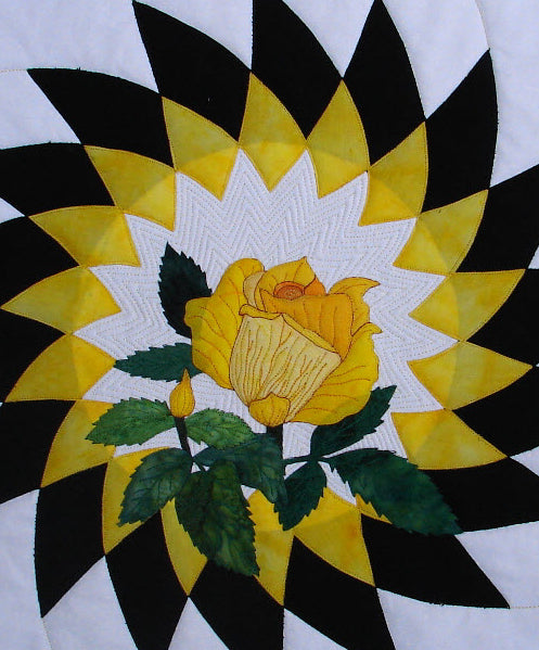 Yellow rose of hope quilt pattern with applique rose on applique background